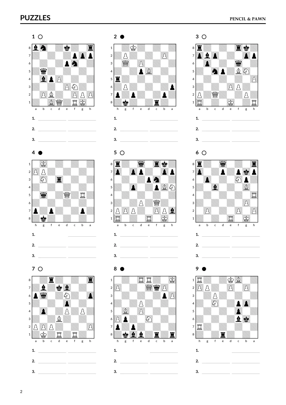 A page of puzzles from the free booklet: nine boards, each with numbered lines to write the moves