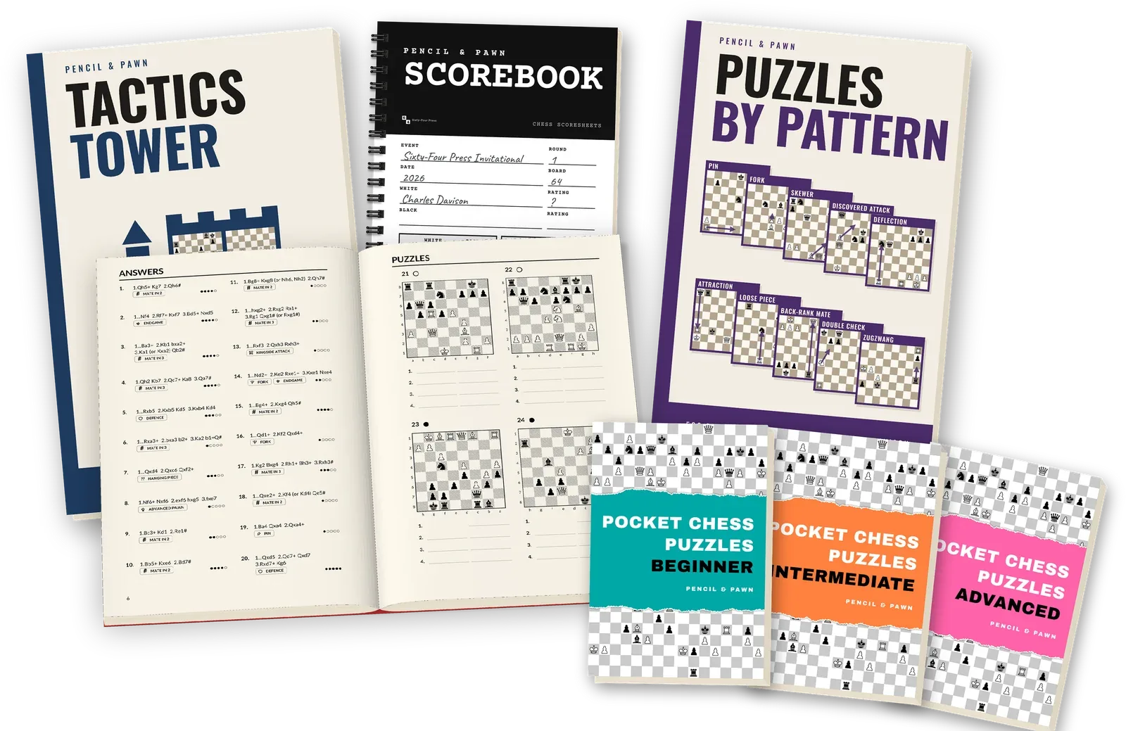 Tactics Workbook open at an answers page and four puzzles, with other Pencil & Pawn books around it